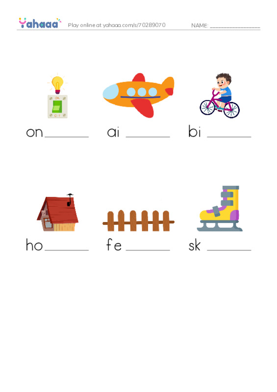 Finish the word worksheet for on, airplane, bike and 3 more