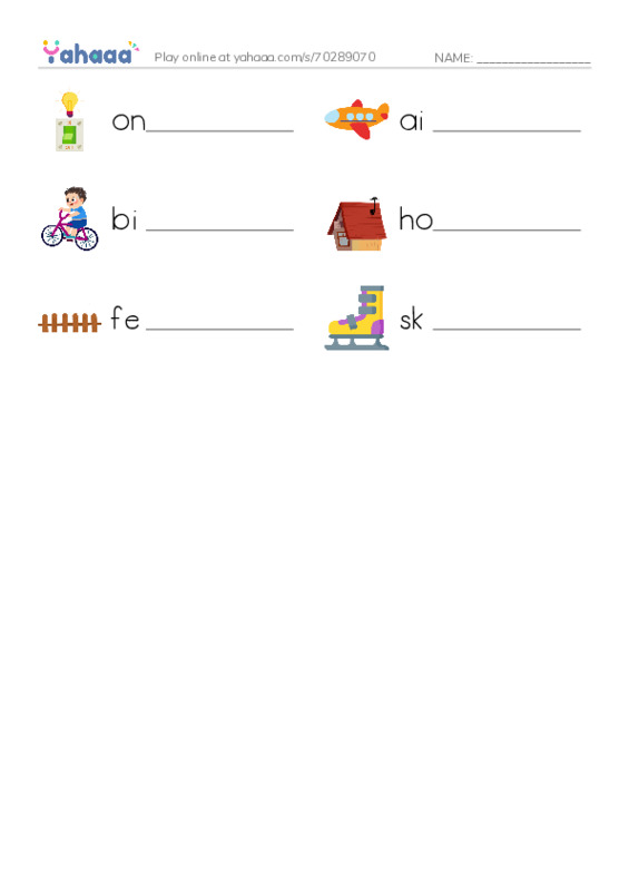 Write the word rows worksheet for on, airplane, bike and 3 more