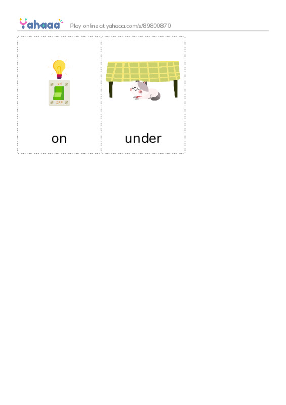Picture flashcards worksheet for on, under
