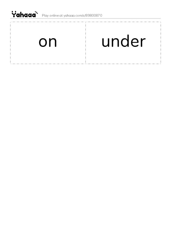 Word flashcards worksheet for on, under