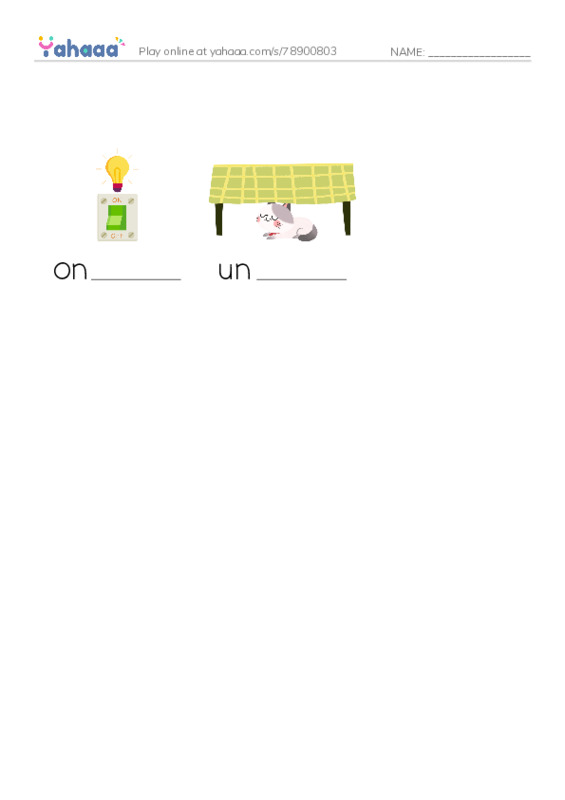 Finish the word worksheet for on, under