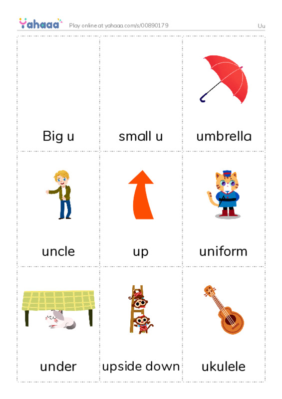 Picture flashcards worksheet for Uu