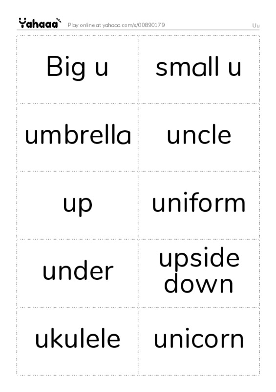 Word flashcards worksheet for Uu