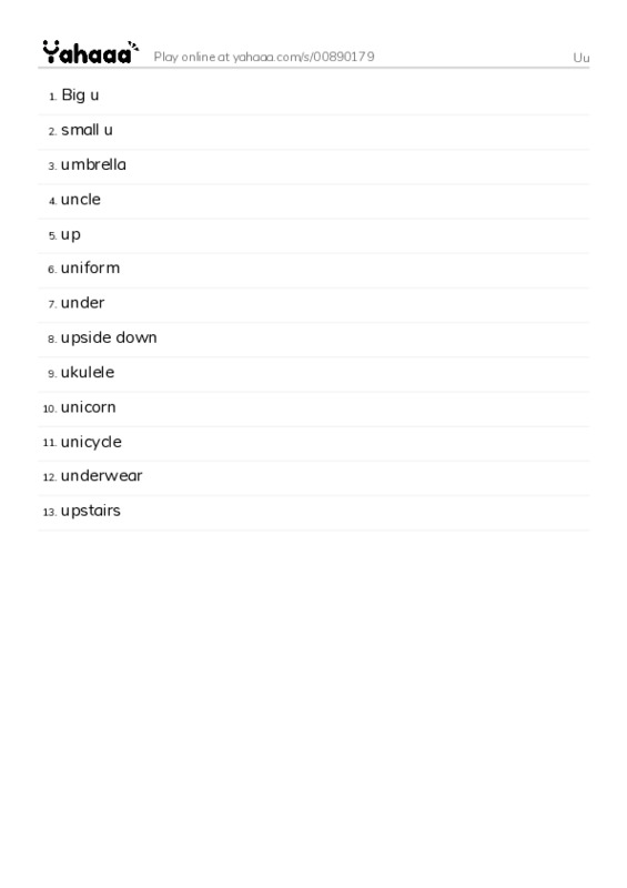 Word list with meanings worksheet for Uu
