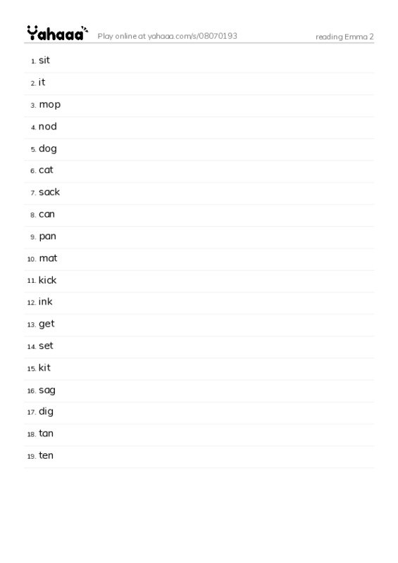 Word list with meanings worksheet for reading Emma 2