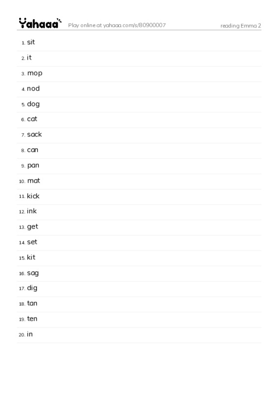 Word list with meanings worksheet for reading Emma 2