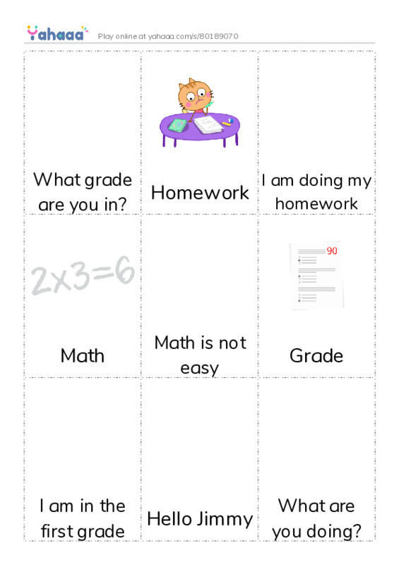 Picture flashcards worksheet for What grade are you in?, Homework, I am doing my homework and 15 more