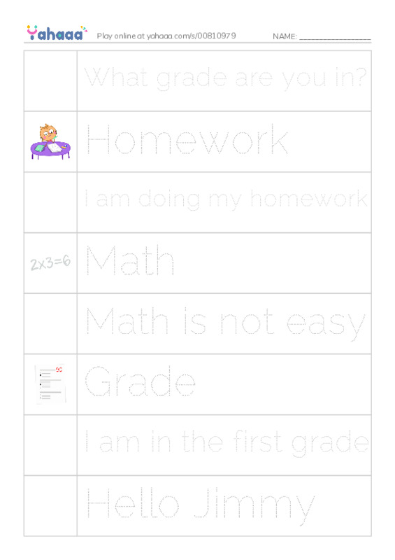 Picture and word rows worksheet for What grade are you in?, Homework, I am doing my homework and 15 more