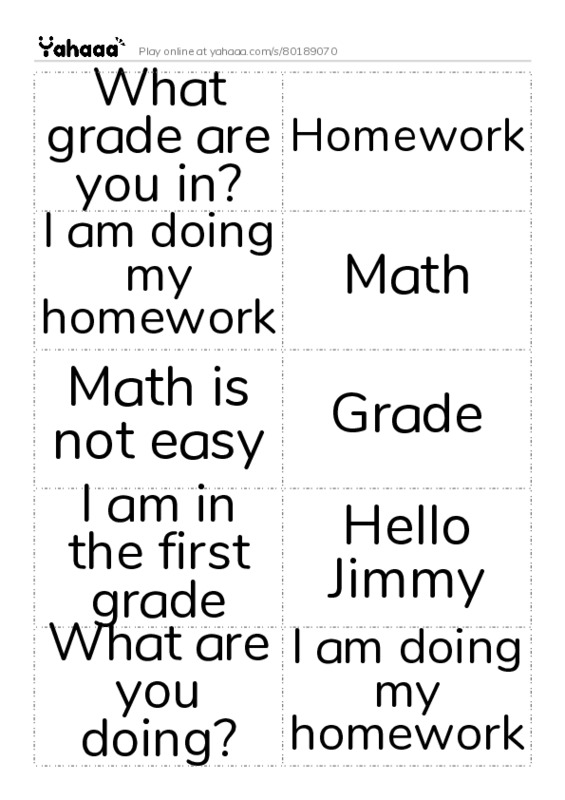 Word flashcards worksheet for What grade are you in?, Homework, I am doing my homework and 15 more