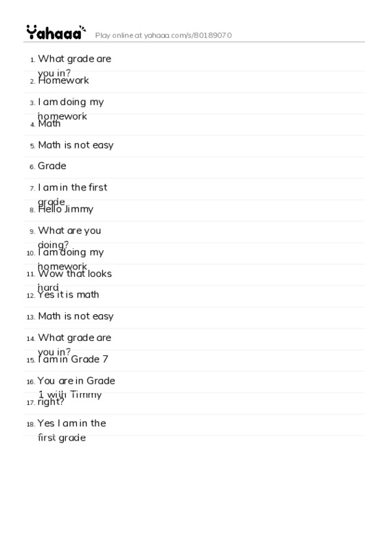 Word list with meanings worksheet for What grade are you in?, Homework, I am doing my homework and 15 more