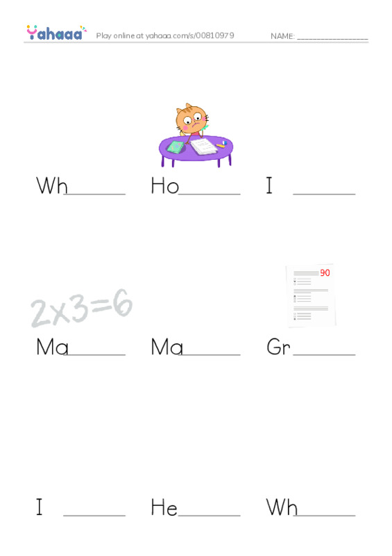 Finish the word worksheet for What grade are you in?, Homework, I am doing my homework and 15 more