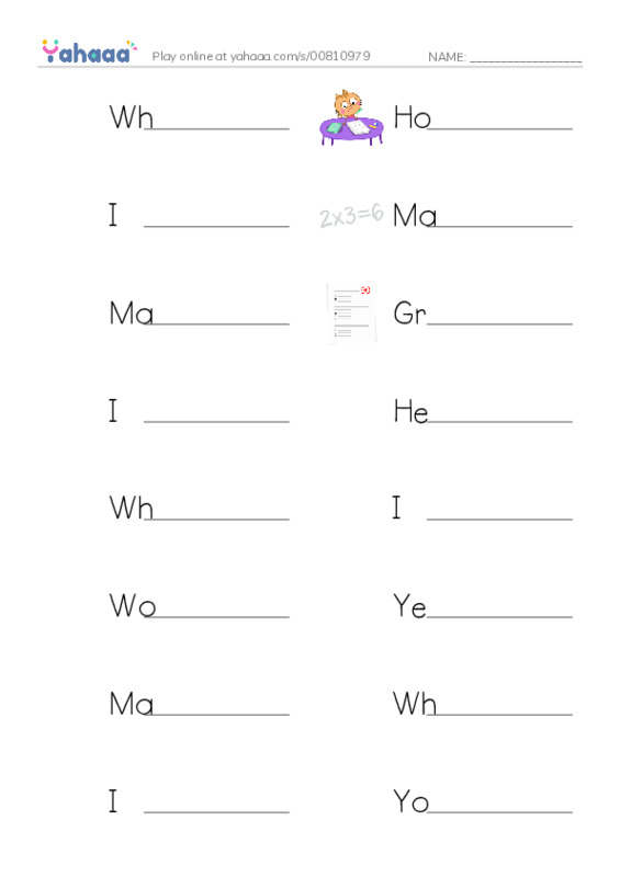 Write the word rows worksheet for What grade are you in?, Homework, I am doing my homework and 15 more