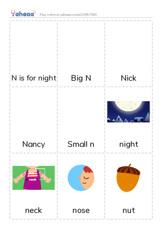 Picture flashcards worksheet for N is for night, Big N, Nick and 10 more