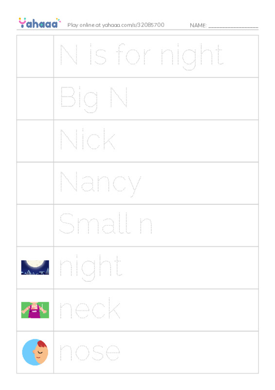 Picture and word rows worksheet for N is for night, Big N, Nick and 10 more