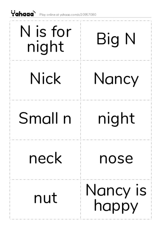 Word flashcards worksheet for N is for night, Big N, Nick and 10 more