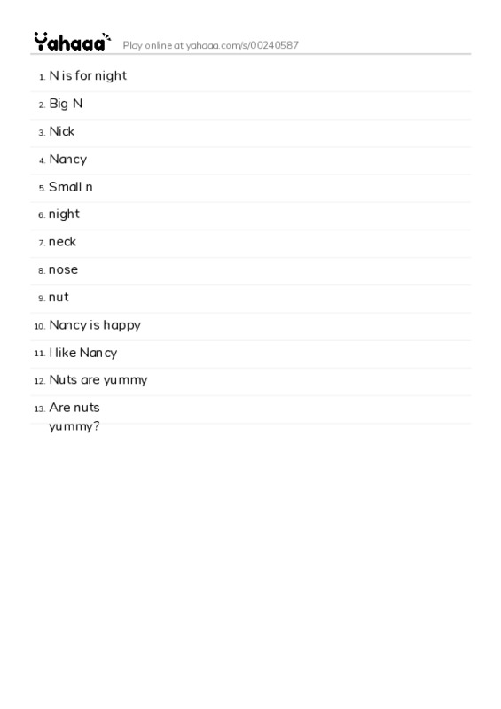 Word list with meanings worksheet for N is for night, Big N, Nick and 10 more