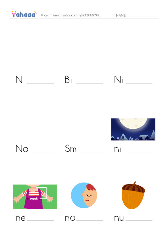 Finish the word worksheet for N is for night, Big N, Nick and 10 more