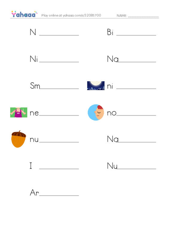 Write the word rows worksheet for N is for night, Big N, Nick and 10 more