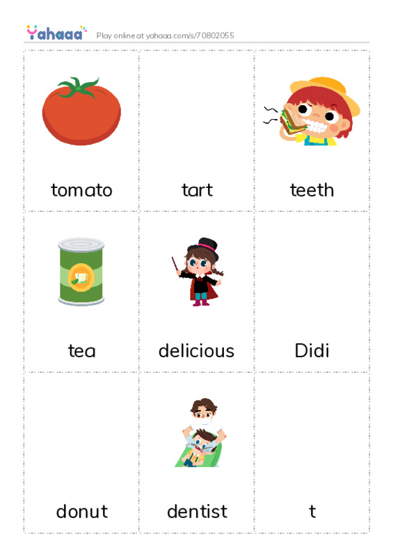 Picture flashcards worksheet for tomato, tart, teeth and 7 more