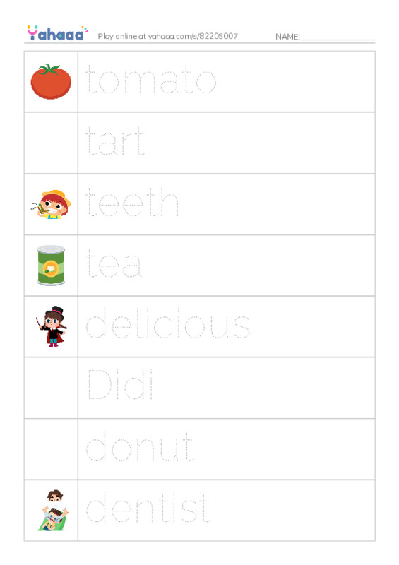 Picture and word rows worksheet for tomato, tart, teeth and 7 more