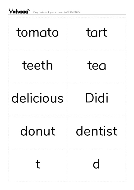 Word flashcards worksheet for tomato, tart, teeth and 7 more