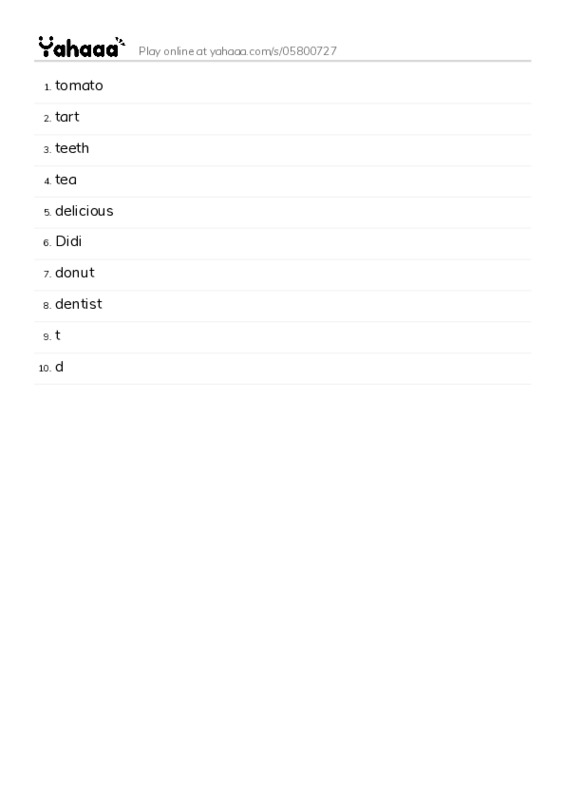Word list with meanings worksheet for tomato, tart, teeth and 7 more