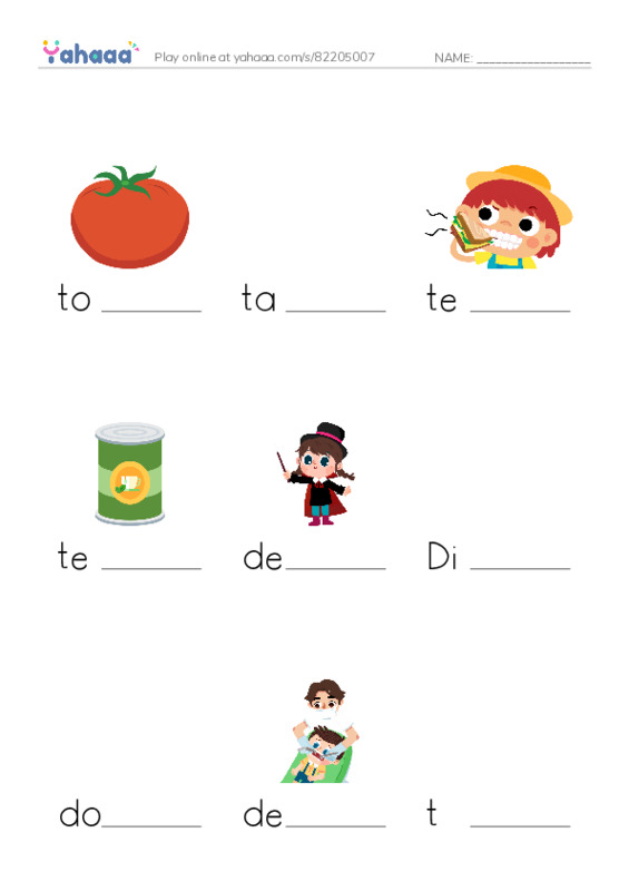 Finish the word worksheet for tomato, tart, teeth and 7 more