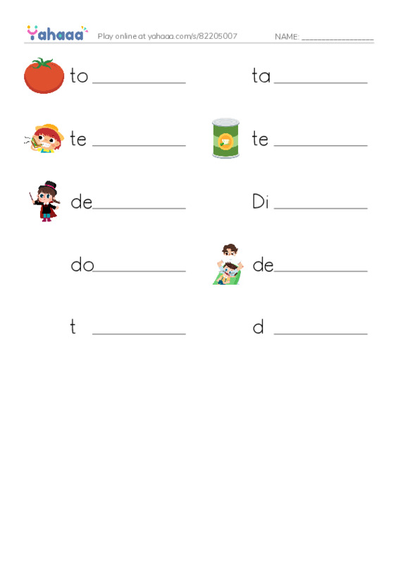 Write the word rows worksheet for tomato, tart, teeth and 7 more