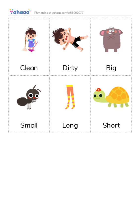 Picture flashcards worksheet for Clean, Dirty, Big and 3 more