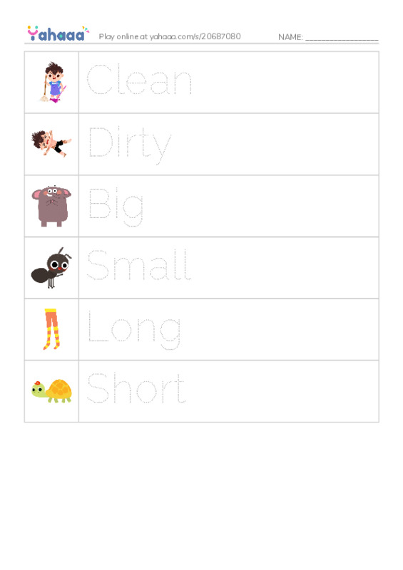 Picture and word rows worksheet for Clean, Dirty, Big and 3 more