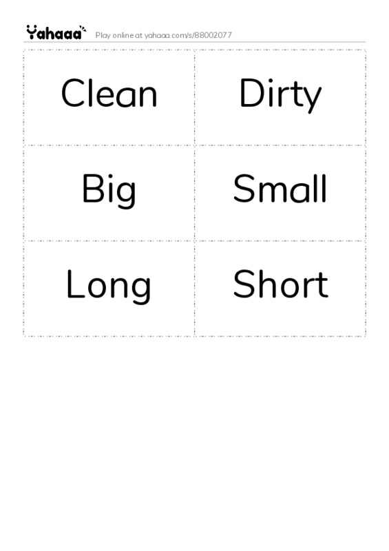 Word flashcards worksheet for Clean, Dirty, Big and 3 more