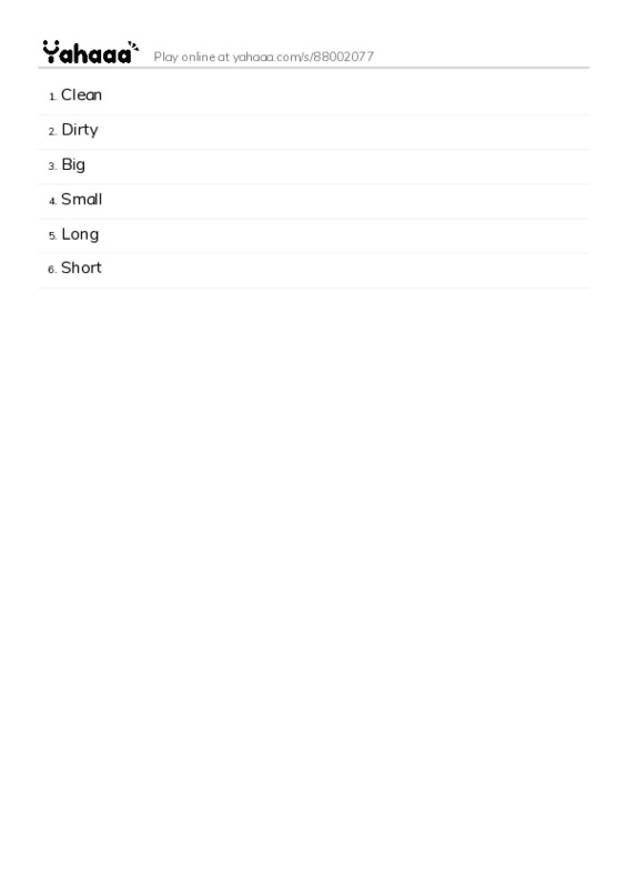 Word list with meanings worksheet for Clean, Dirty, Big and 3 more