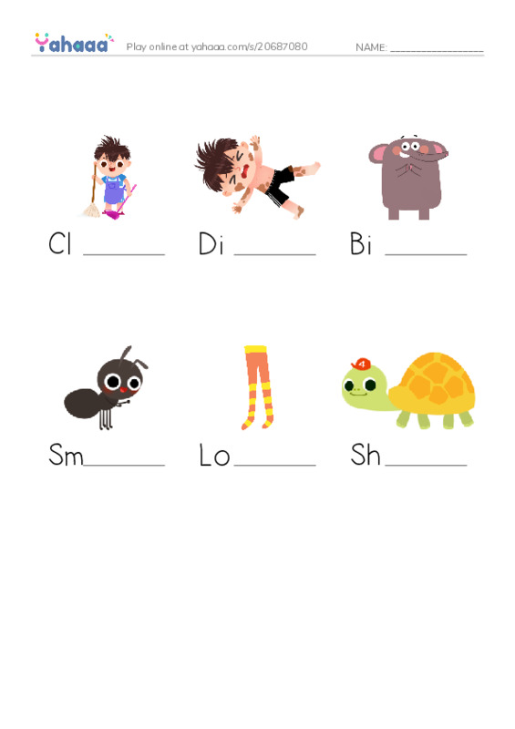 Finish the word worksheet for Clean, Dirty, Big and 3 more