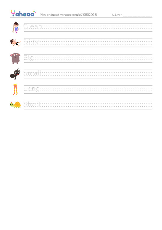 Handwriting lines worksheet for Clean, Dirty, Big and 3 more