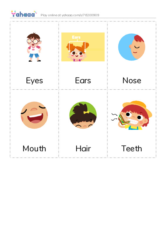 Picture flashcards worksheet for Eyes, Ears, Nose and 3 more