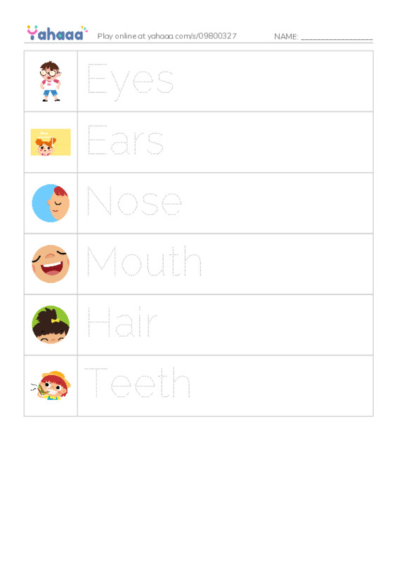 Picture and word rows worksheet for Eyes, Ears, Nose and 3 more