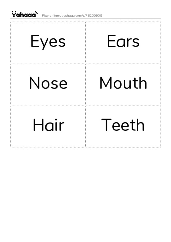 Word flashcards worksheet for Eyes, Ears, Nose and 3 more