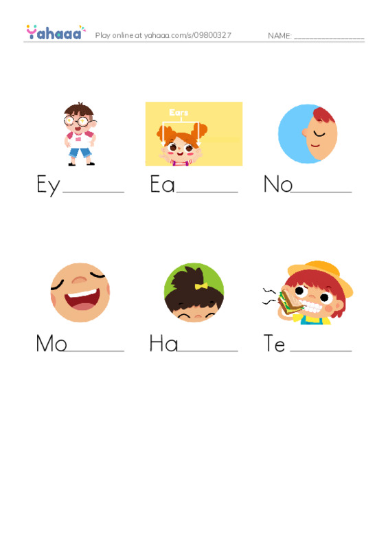 Finish the word worksheet for Eyes, Ears, Nose and 3 more