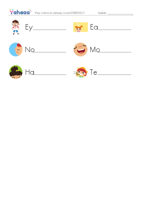 Write the word rows worksheet for Eyes, Ears, Nose and 3 more