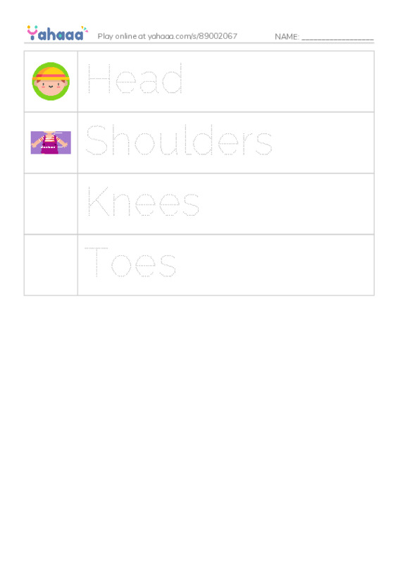 Picture and word rows worksheet for Head, Shoulders, Knees and 1 more