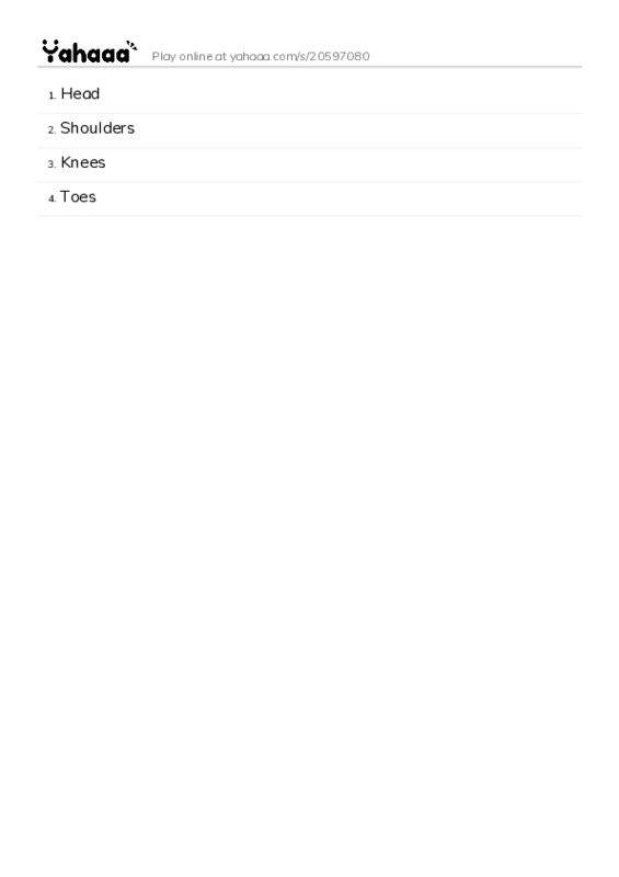 Word list with meanings worksheet for Head, Shoulders, Knees and 1 more