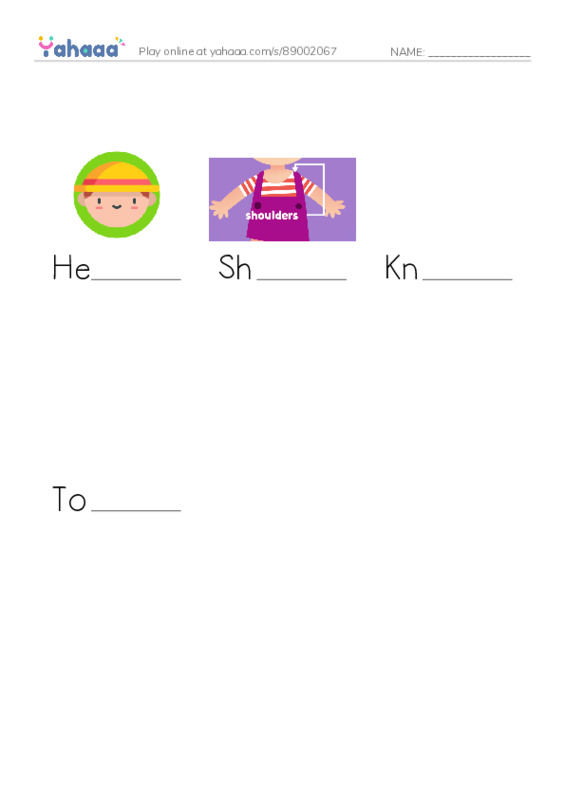 Finish the word worksheet for Head, Shoulders, Knees and 1 more