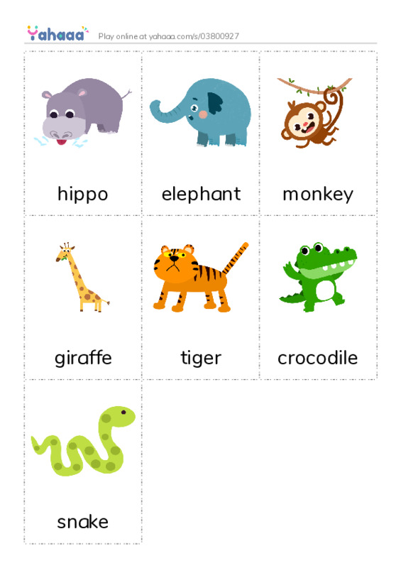 Picture flashcards worksheet for hippo, elephant, monkey and 4 more