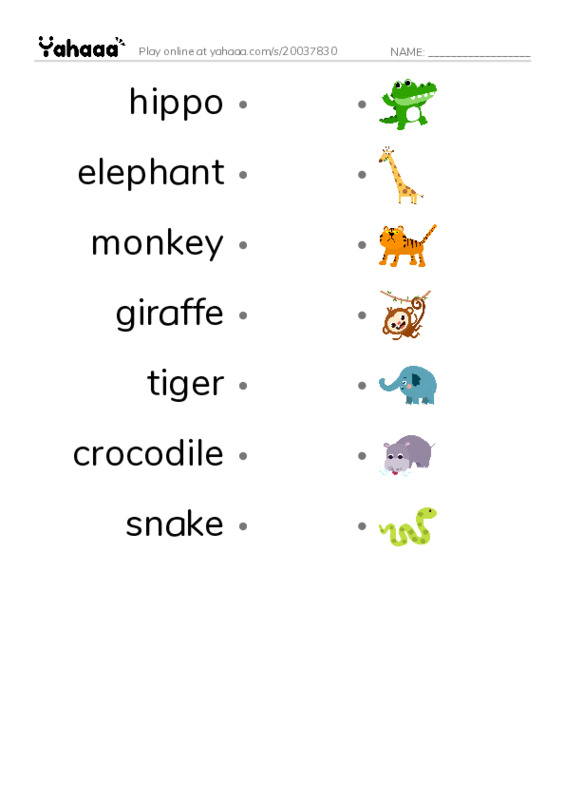 Draw a line to match worksheet for hippo, elephant, monkey and 4 more