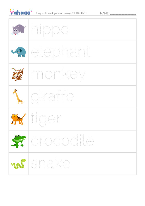 Picture and word rows worksheet for hippo, elephant, monkey and 4 more