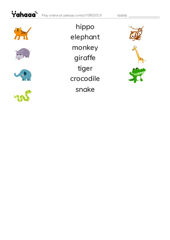 Match both sides worksheet for hippo, elephant, monkey and 4 more