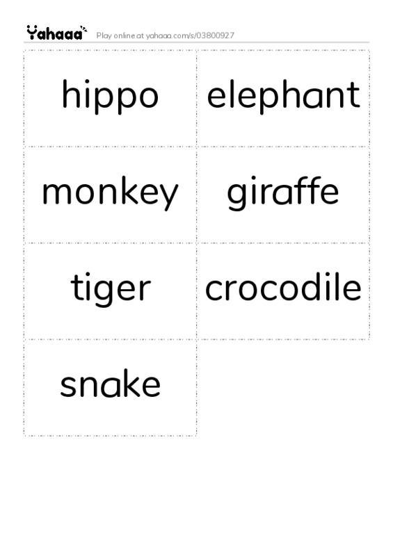 Word flashcards worksheet for hippo, elephant, monkey and 4 more