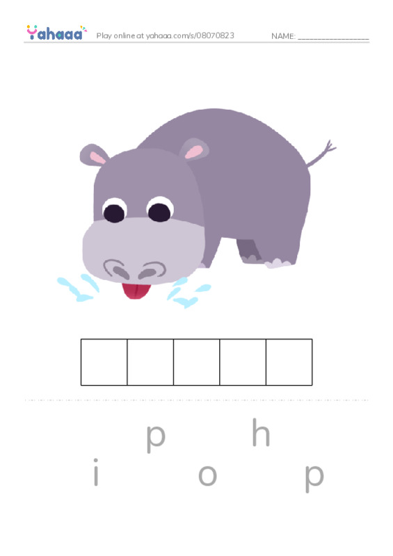Letter scramble puzzle worksheet for hippo, elephant, monkey and 4 more