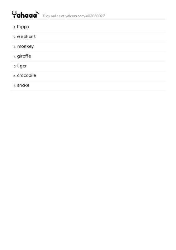 Word list with meanings worksheet for hippo, elephant, monkey and 4 more