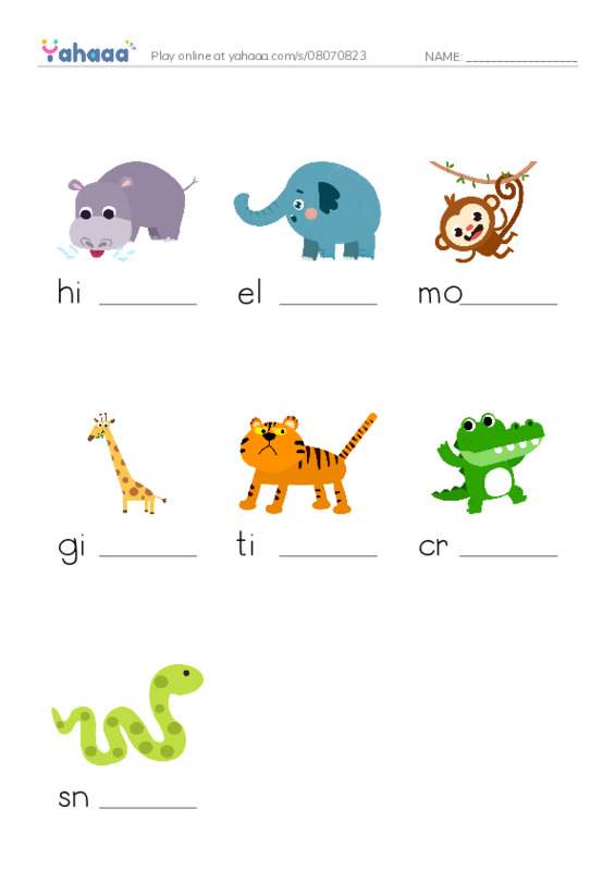 Finish the word worksheet for hippo, elephant, monkey and 4 more
